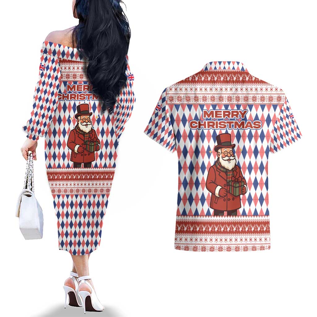 England Christmas Couples Matching Off The Shoulder Long Sleeve Dress and Hawaiian Shirt with Red Blue White Diamond Pattern Santa and Coat of Arms - Wonder Print Shop