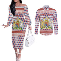 England Christmas Couples Matching Off The Shoulder Long Sleeve Dress and Long Sleeve Button Shirt with Red Blue White Diamond Pattern Santa and Coat of Arms - Wonder Print Shop