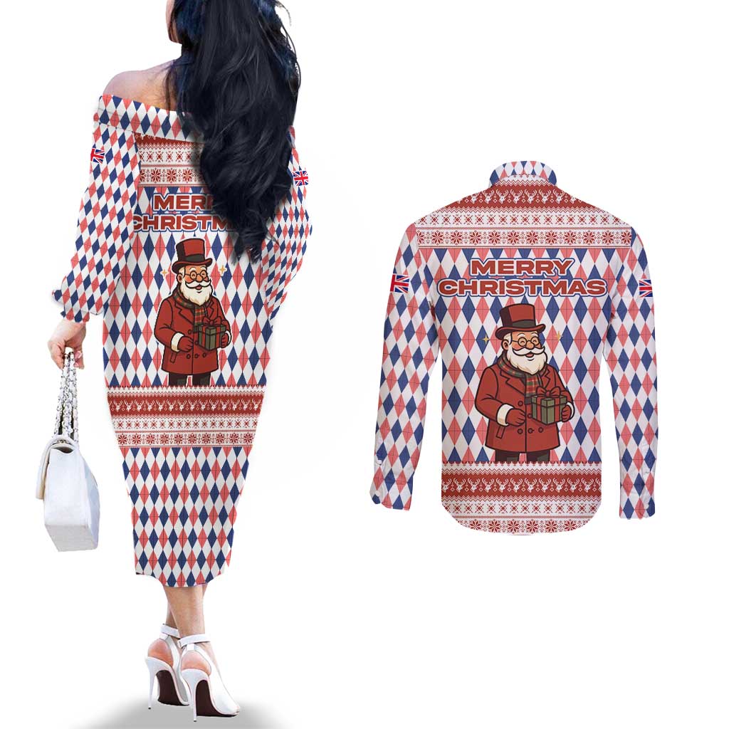 England Christmas Couples Matching Off The Shoulder Long Sleeve Dress and Long Sleeve Button Shirt with Red Blue White Diamond Pattern Santa and Coat of Arms - Wonder Print Shop