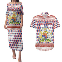 England Christmas Couples Matching Puletasi and Hawaiian Shirt with Red Blue White Diamond Pattern Santa and Coat of Arms - Wonder Print Shop