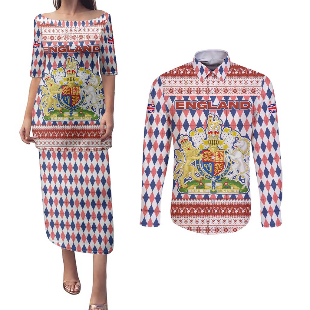 England Christmas Couples Matching Puletasi and Long Sleeve Button Shirt with Red Blue White Diamond Pattern Santa and Coat of Arms - Wonder Print Shop