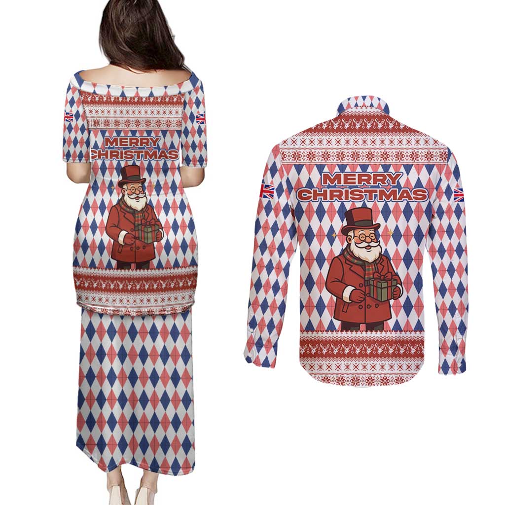 England Christmas Couples Matching Puletasi and Long Sleeve Button Shirt with Red Blue White Diamond Pattern Santa and Coat of Arms - Wonder Print Shop