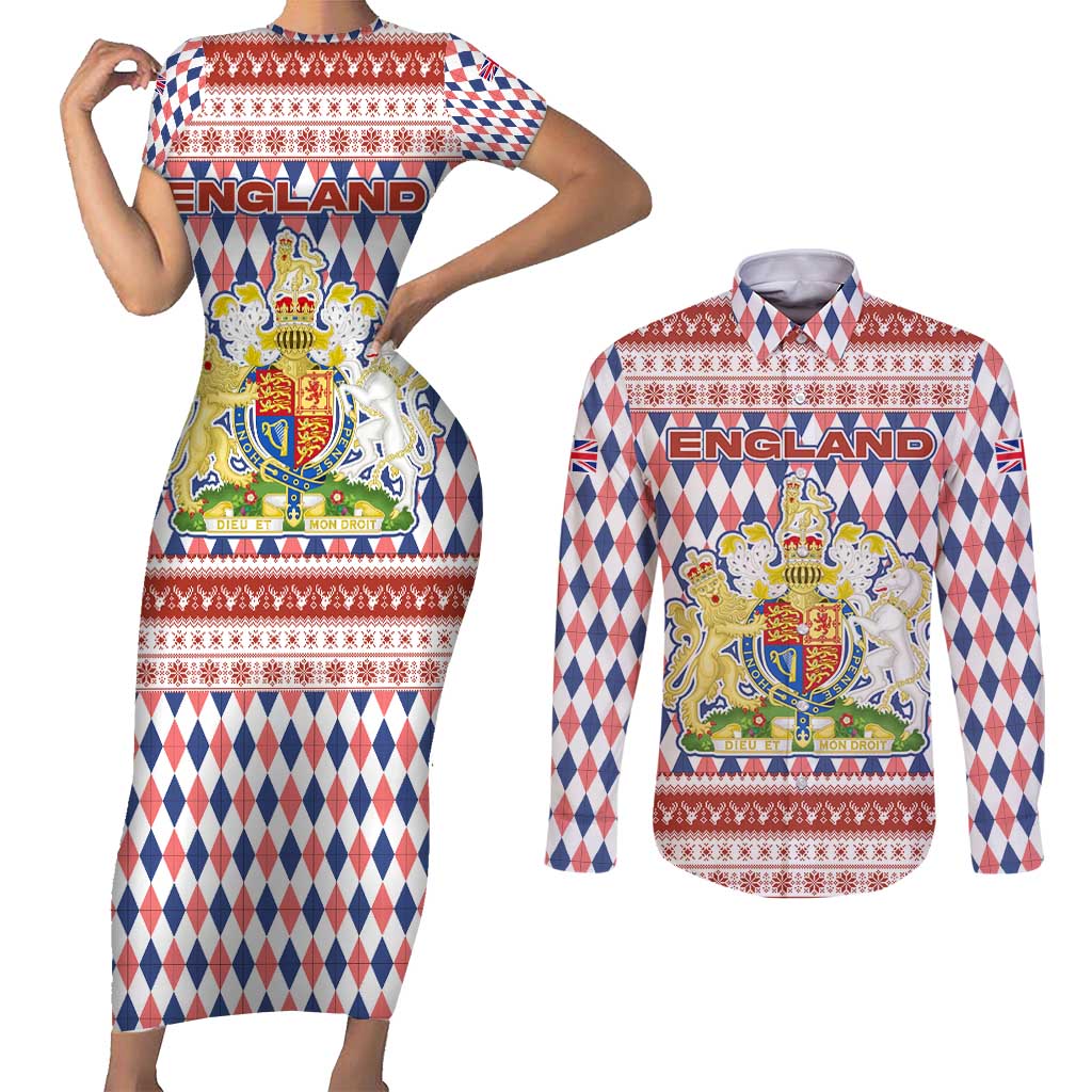 England Christmas Couples Matching Short Sleeve Bodycon Dress and Long Sleeve Button Shirt with Red Blue White Diamond Pattern Santa and Coat of Arms - Wonder Print Shop