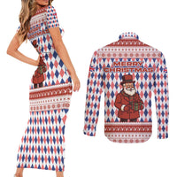 England Christmas Couples Matching Short Sleeve Bodycon Dress and Long Sleeve Button Shirt with Red Blue White Diamond Pattern Santa and Coat of Arms - Wonder Print Shop
