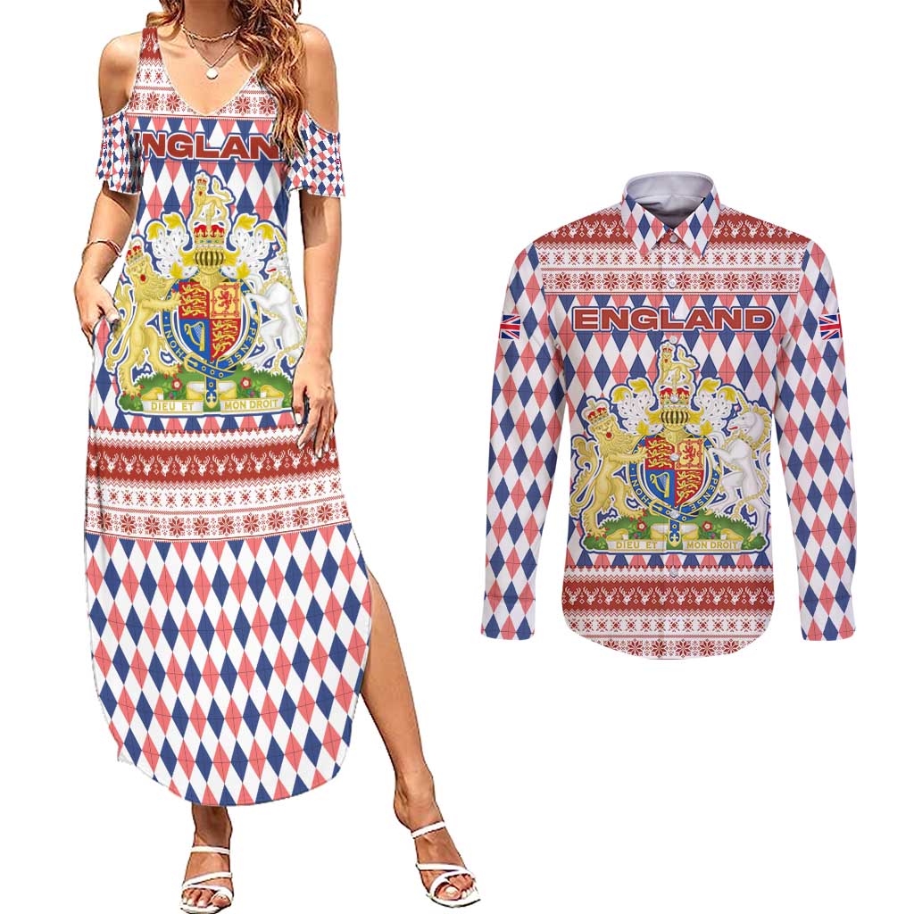 England Christmas Couples Matching Summer Maxi Dress and Long Sleeve Button Shirt with Red Blue White Diamond Pattern Santa and Coat of Arms - Wonder Print Shop