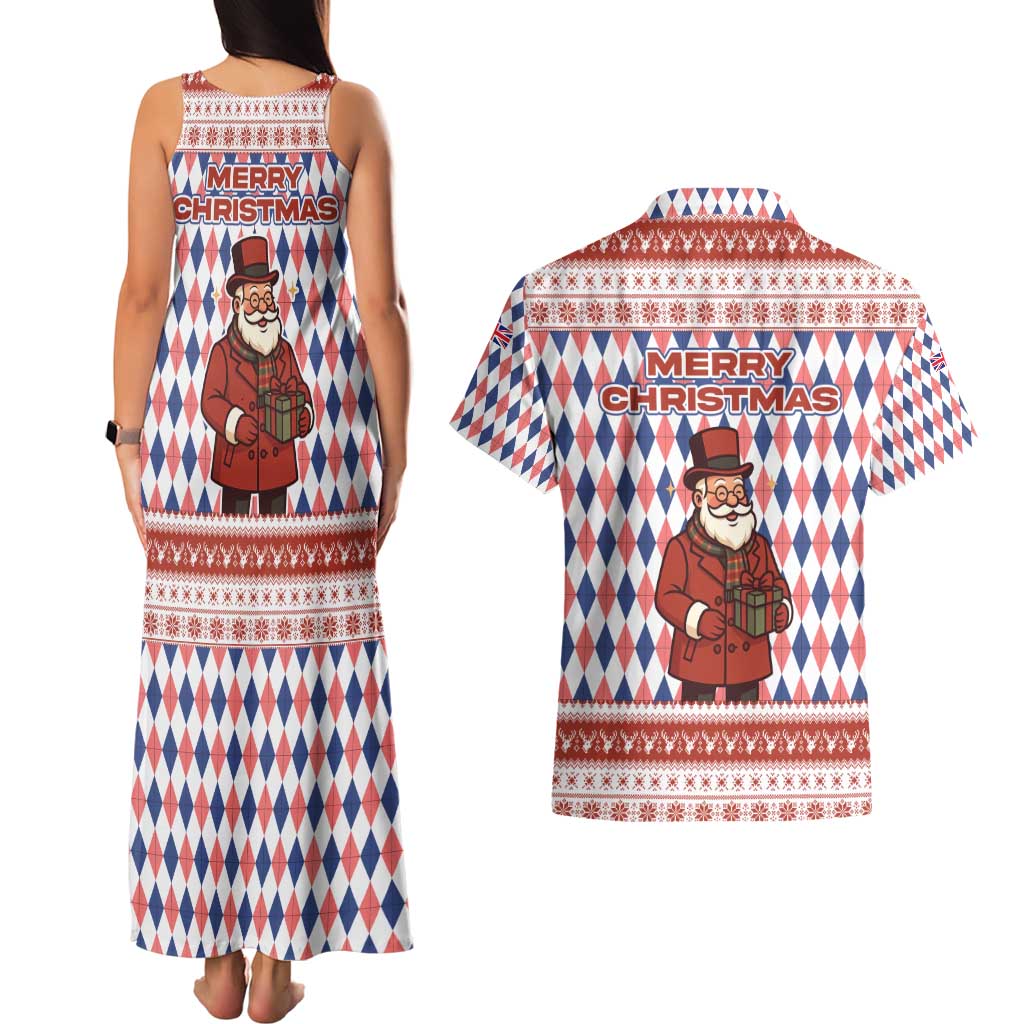 England Christmas Couples Matching Tank Maxi Dress and Hawaiian Shirt with Red Blue White Diamond Pattern Santa and Coat of Arms - Wonder Print Shop