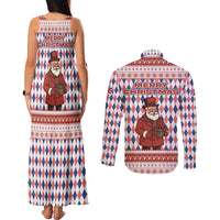 England Christmas Couples Matching Tank Maxi Dress and Long Sleeve Button Shirt with Red Blue White Diamond Pattern Santa and Coat of Arms - Wonder Print Shop
