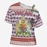 England Christmas Cross Shoulder Shirt with Red Blue White Diamond Pattern Santa and Coat of Arms - Wonder Print Shop