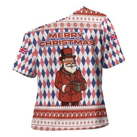 England Christmas Cross Shoulder Shirt with Red Blue White Diamond Pattern Santa and Coat of Arms - Wonder Print Shop