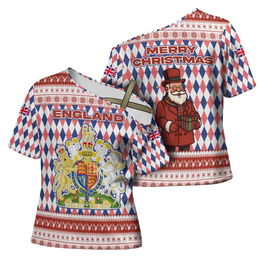England Christmas Cross Shoulder Shirt with Red Blue White Diamond Pattern Santa and Coat of Arms - Wonder Print Shop