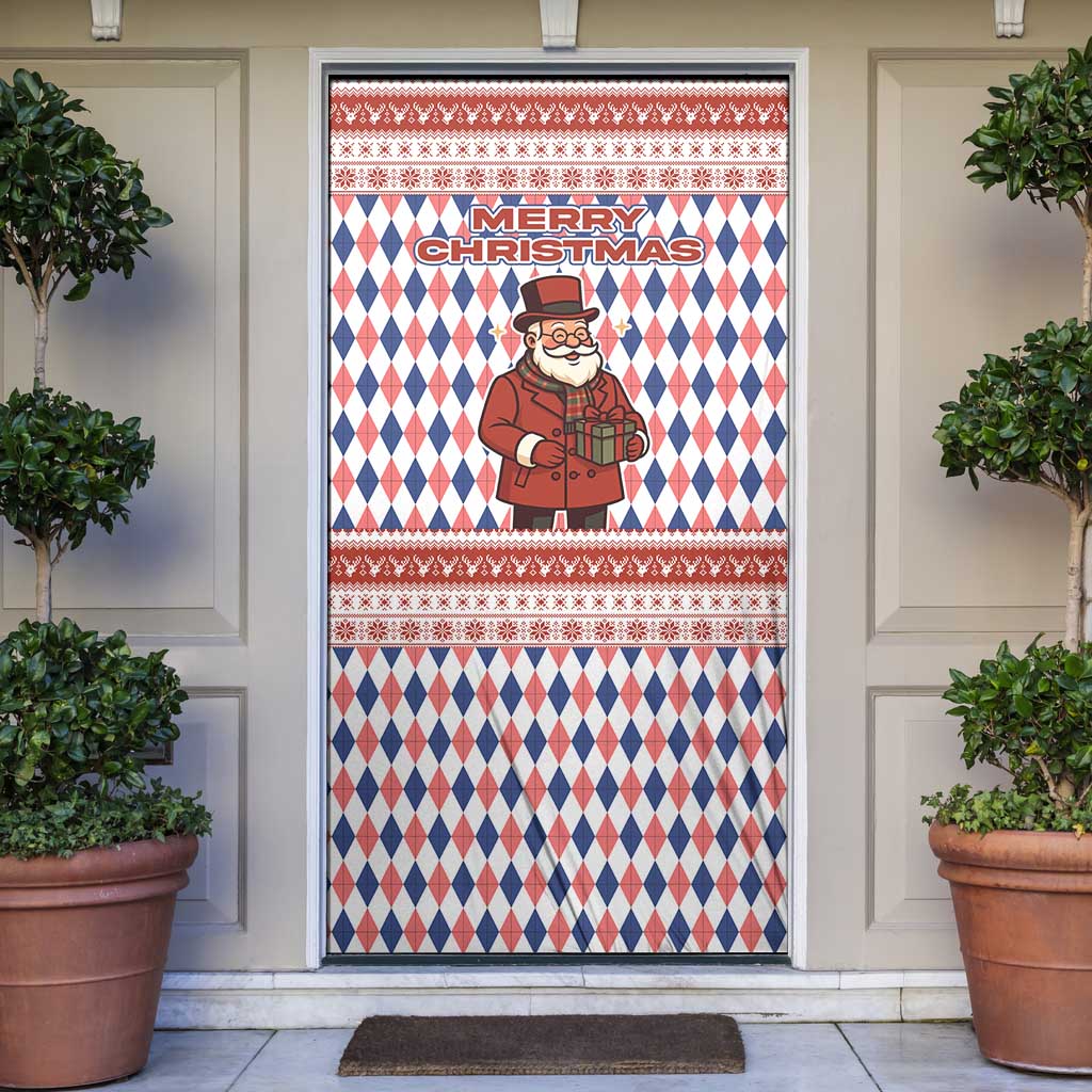 England Christmas Door Cover with Red Blue White Diamond Pattern Santa and Coat of Arms - Wonder Print Shop