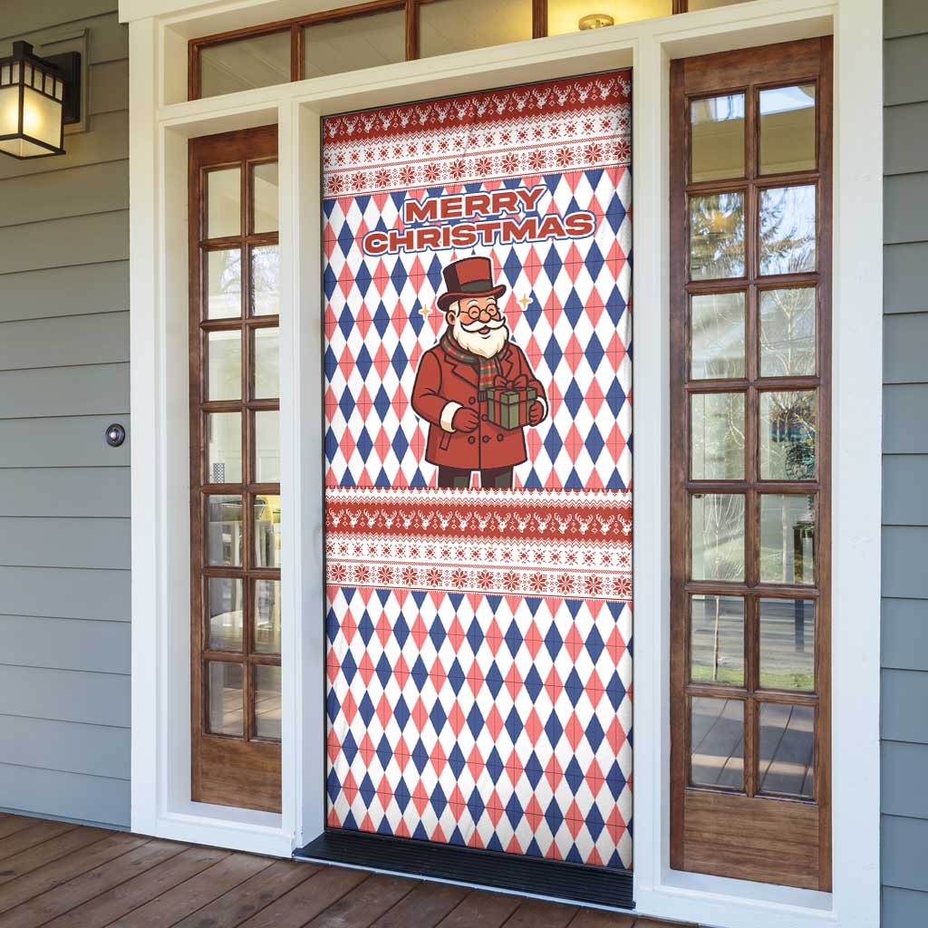 England Christmas Door Cover with Red Blue White Diamond Pattern Santa and Coat of Arms - Wonder Print Shop