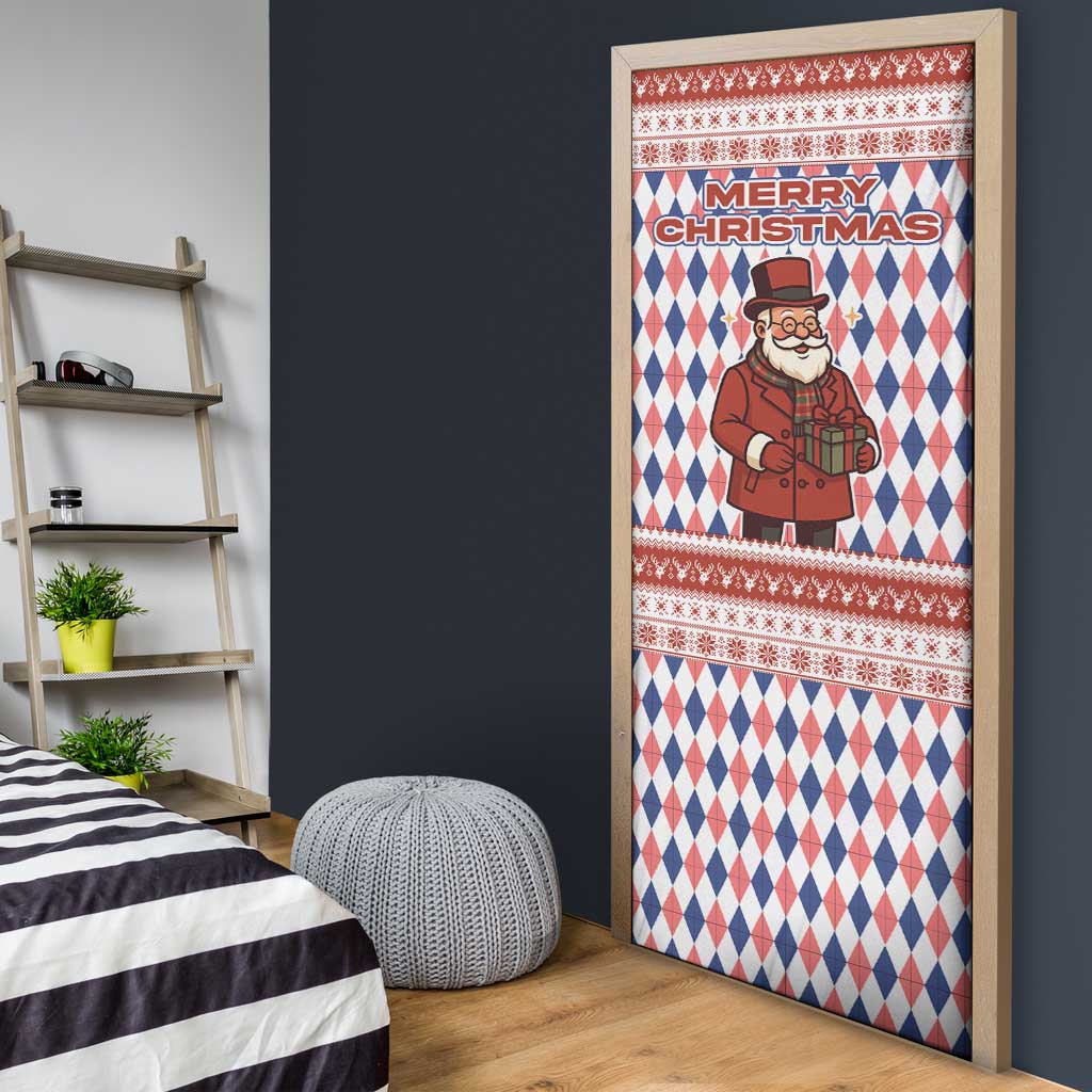 England Christmas Door Cover with Red Blue White Diamond Pattern Santa and Coat of Arms - Wonder Print Shop