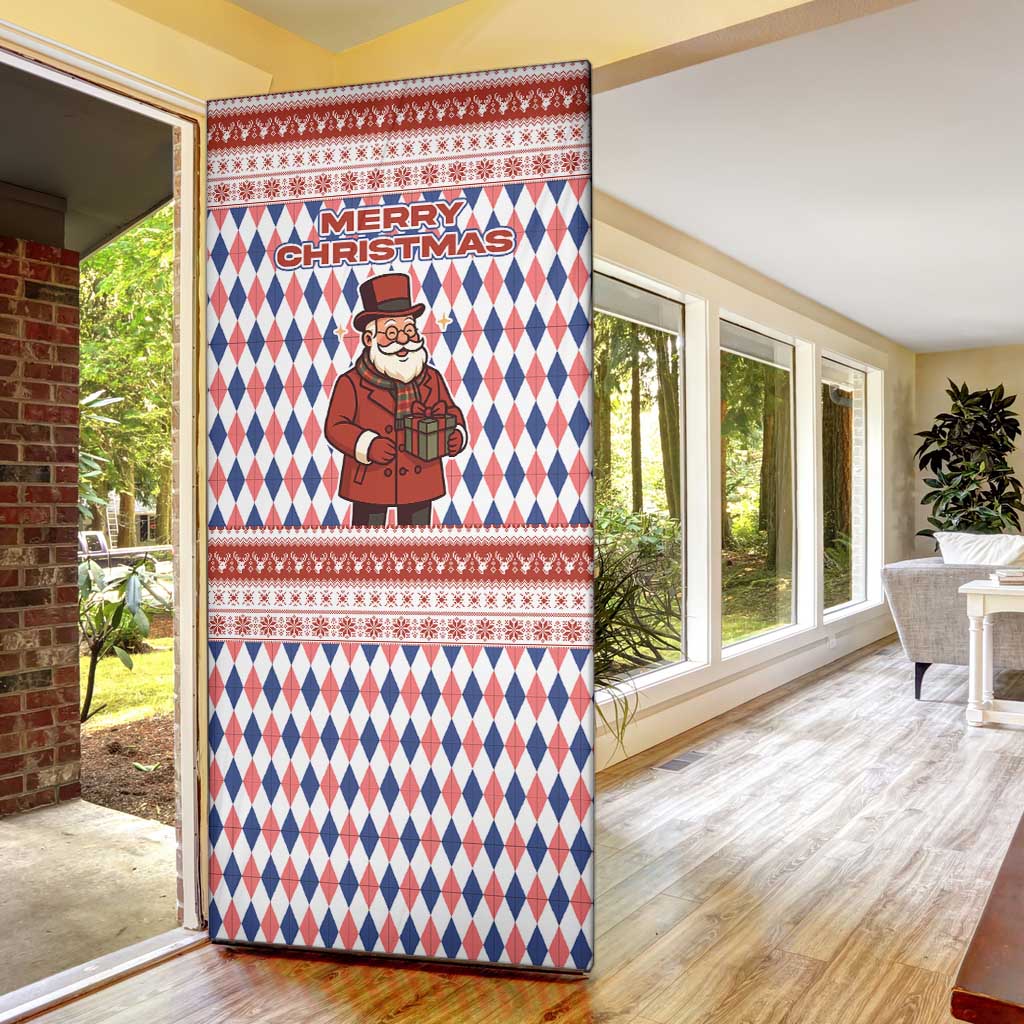 England Christmas Door Cover with Red Blue White Diamond Pattern Santa and Coat of Arms - Wonder Print Shop