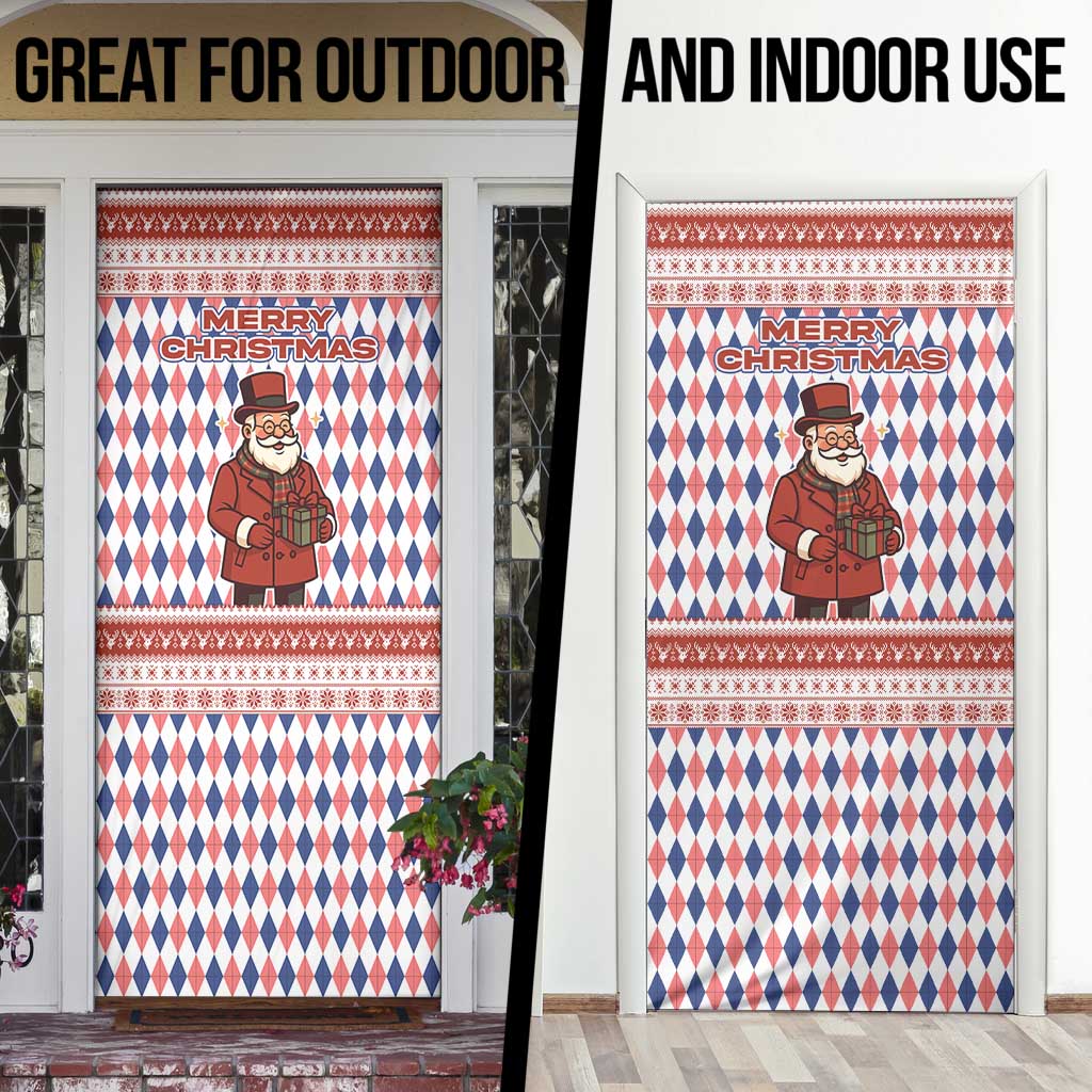 England Christmas Door Cover with Red Blue White Diamond Pattern Santa and Coat of Arms - Wonder Print Shop