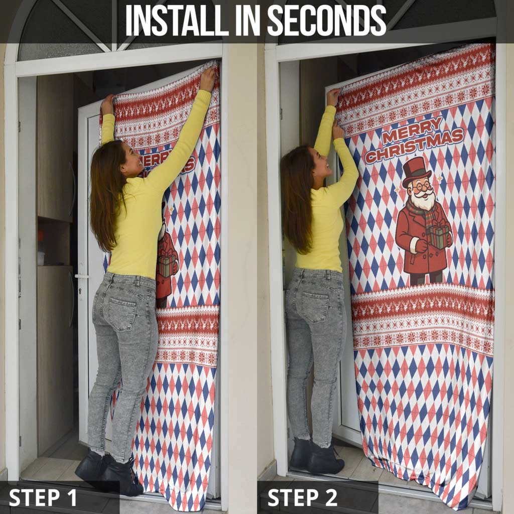 England Christmas Door Cover with Red Blue White Diamond Pattern Santa and Coat of Arms - Wonder Print Shop
