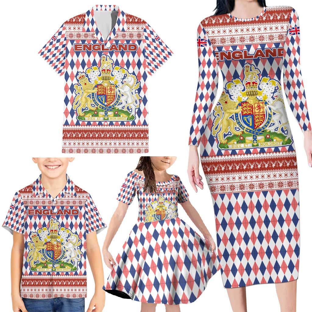 England Christmas Family Matching Long Sleeve Bodycon Dress and Hawaiian Shirt with Red Blue White Diamond Pattern Santa and Coat of Arms - Wonder Print Shop