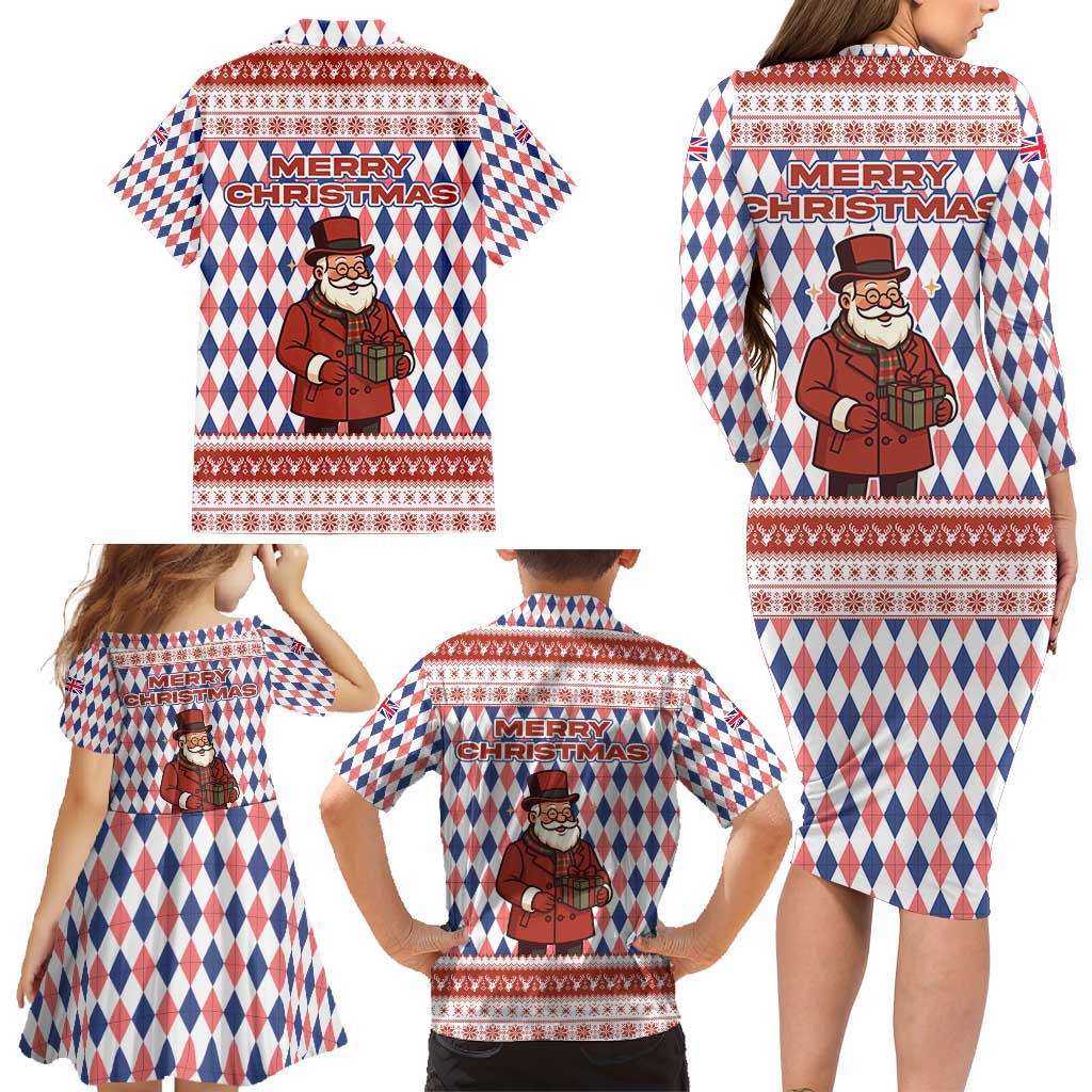 England Christmas Family Matching Long Sleeve Bodycon Dress and Hawaiian Shirt with Red Blue White Diamond Pattern Santa and Coat of Arms - Wonder Print Shop