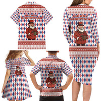 England Christmas Family Matching Long Sleeve Bodycon Dress and Hawaiian Shirt with Red Blue White Diamond Pattern Santa and Coat of Arms - Wonder Print Shop