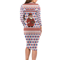 England Christmas Family Matching Long Sleeve Bodycon Dress and Hawaiian Shirt with Red Blue White Diamond Pattern Santa and Coat of Arms - Wonder Print Shop