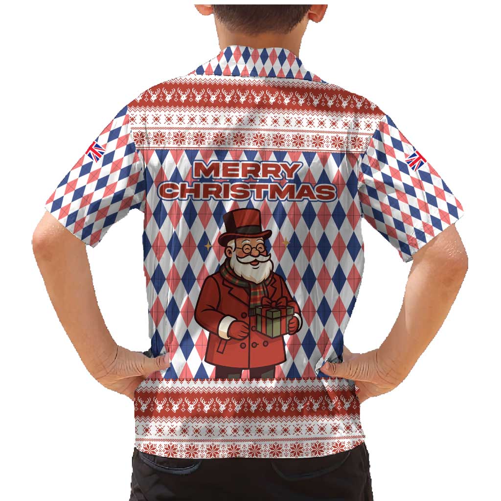 England Christmas Family Matching Mermaid Dress and Hawaiian Shirt with Red Blue White Diamond Pattern Santa and Coat of Arms - Wonder Print Shop