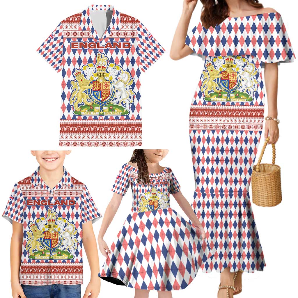 England Christmas Family Matching Mermaid Dress and Hawaiian Shirt with Red Blue White Diamond Pattern Santa and Coat of Arms - Wonder Print Shop