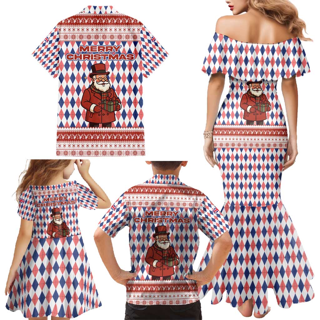 England Christmas Family Matching Mermaid Dress and Hawaiian Shirt with Red Blue White Diamond Pattern Santa and Coat of Arms - Wonder Print Shop