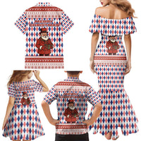 England Christmas Family Matching Mermaid Dress and Hawaiian Shirt with Red Blue White Diamond Pattern Santa and Coat of Arms - Wonder Print Shop