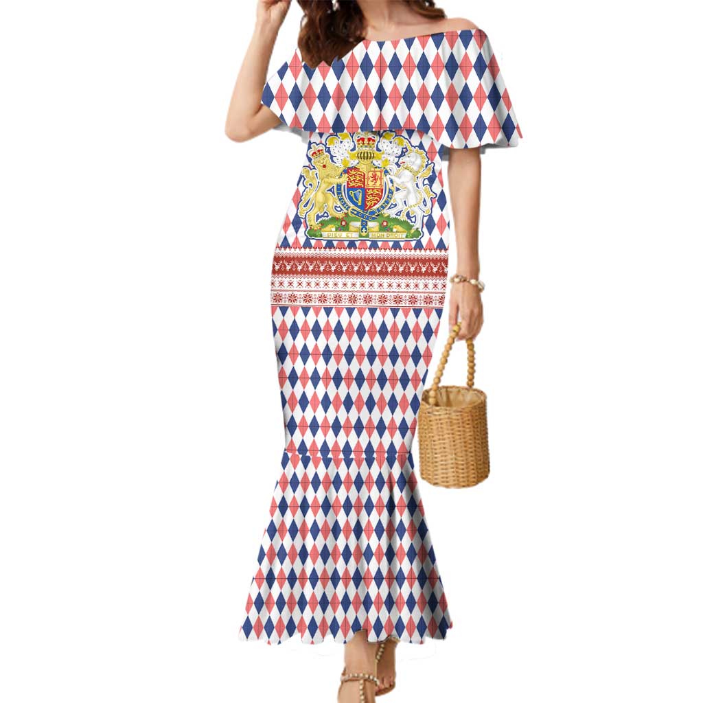 England Christmas Family Matching Mermaid Dress and Hawaiian Shirt with Red Blue White Diamond Pattern Santa and Coat of Arms - Wonder Print Shop