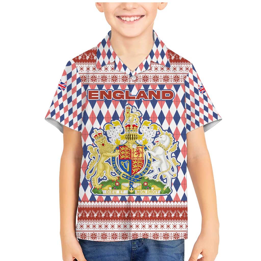 England Christmas Family Matching Mermaid Dress and Hawaiian Shirt with Red Blue White Diamond Pattern Santa and Coat of Arms - Wonder Print Shop