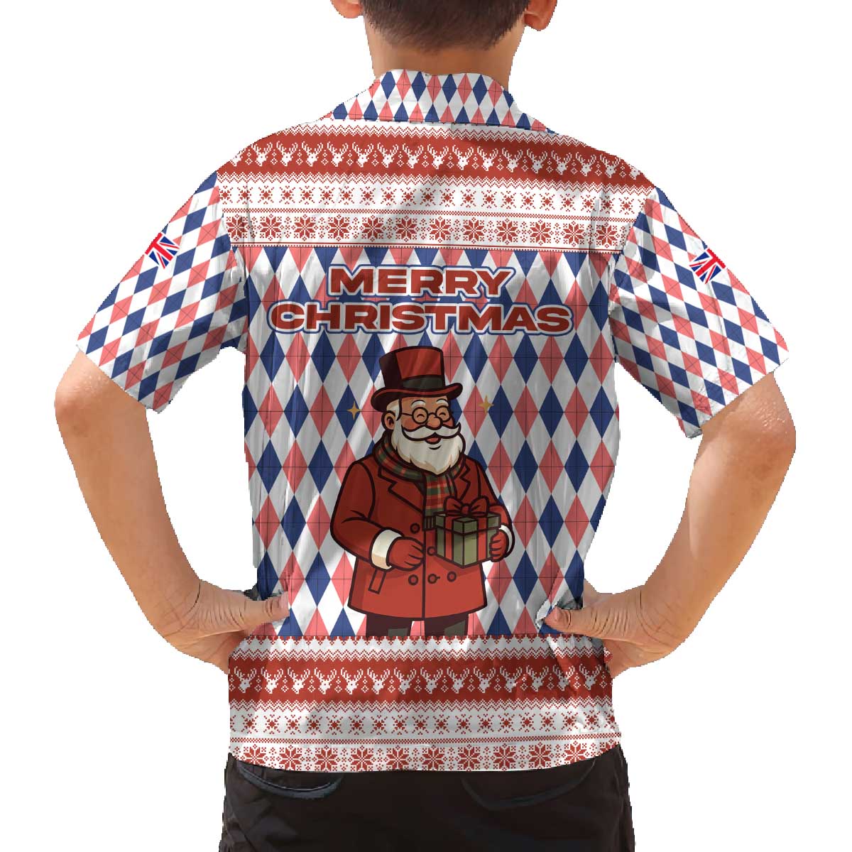 England Christmas Family Matching Off The Shoulder Long Sleeve Dress and Hawaiian Shirt with Red Blue White Diamond Pattern Santa and Coat of Arms - Wonder Print Shop