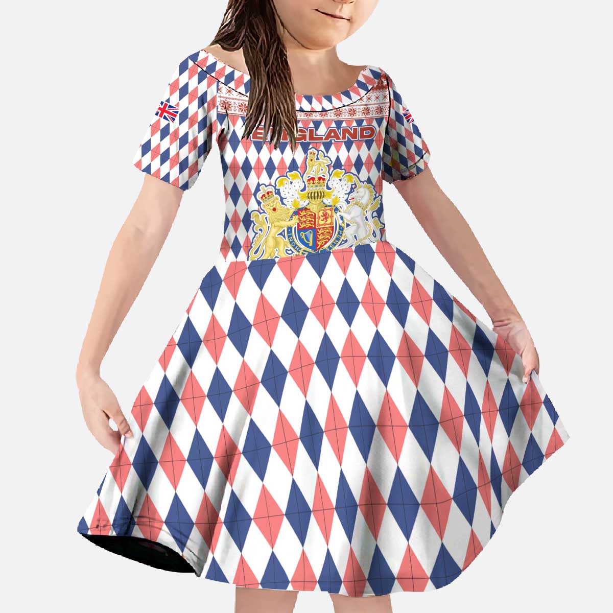 England Christmas Family Matching Off The Shoulder Long Sleeve Dress and Hawaiian Shirt with Red Blue White Diamond Pattern Santa and Coat of Arms - Wonder Print Shop