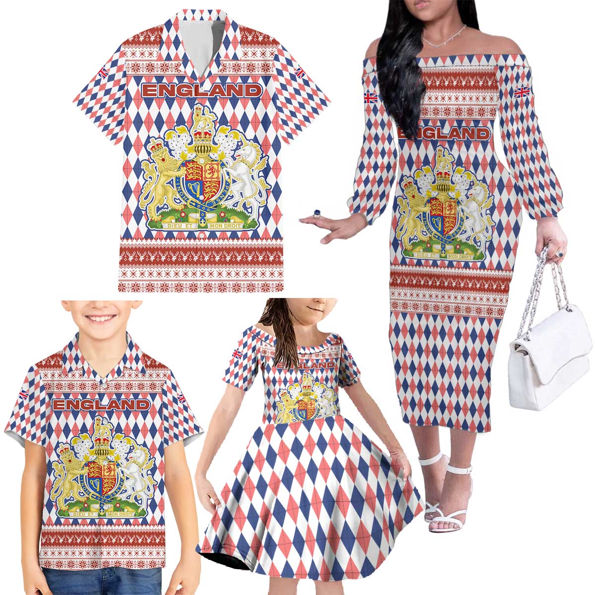 England Christmas Family Matching Off The Shoulder Long Sleeve Dress and Hawaiian Shirt with Red Blue White Diamond Pattern Santa and Coat of Arms - Wonder Print Shop