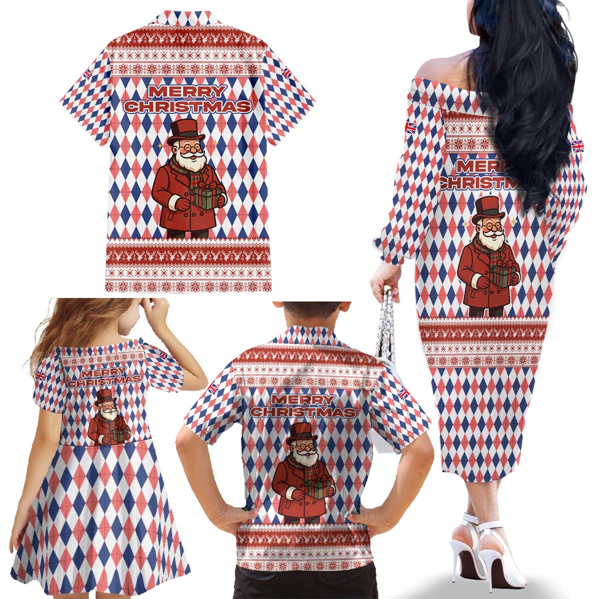 England Christmas Family Matching Off The Shoulder Long Sleeve Dress and Hawaiian Shirt with Red Blue White Diamond Pattern Santa and Coat of Arms - Wonder Print Shop