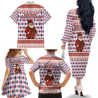 England Christmas Family Matching Off The Shoulder Long Sleeve Dress and Hawaiian Shirt with Red Blue White Diamond Pattern Santa and Coat of Arms - Wonder Print Shop