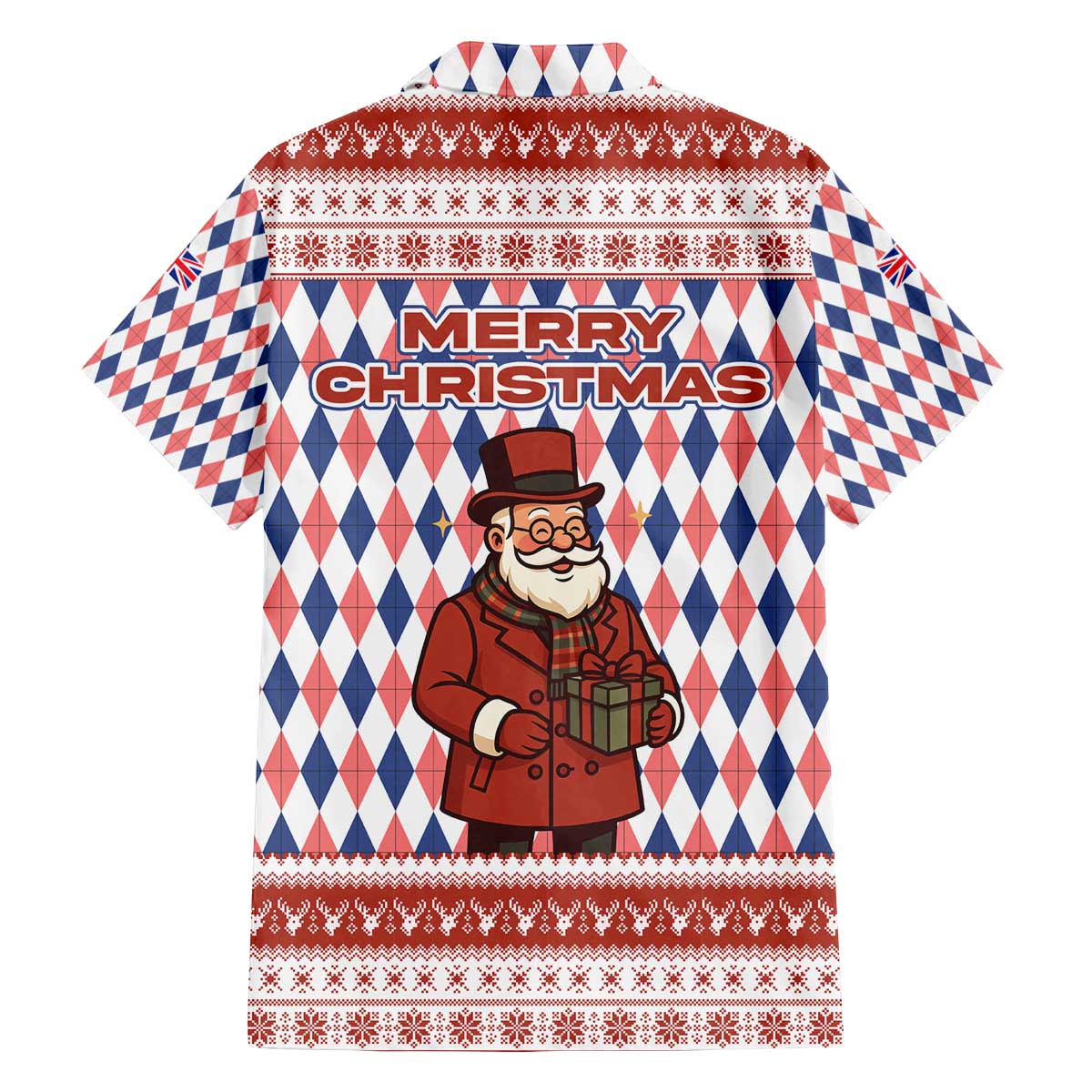 England Christmas Family Matching Off The Shoulder Long Sleeve Dress and Hawaiian Shirt with Red Blue White Diamond Pattern Santa and Coat of Arms - Wonder Print Shop