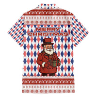 England Christmas Family Matching Off The Shoulder Long Sleeve Dress and Hawaiian Shirt with Red Blue White Diamond Pattern Santa and Coat of Arms - Wonder Print Shop
