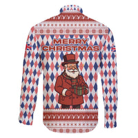 England Christmas Family Matching Off The Shoulder Long Sleeve Dress and Hawaiian Shirt with Red Blue White Diamond Pattern Santa and Coat of Arms - Wonder Print Shop