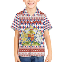 England Christmas Family Matching Off The Shoulder Long Sleeve Dress and Hawaiian Shirt with Red Blue White Diamond Pattern Santa and Coat of Arms - Wonder Print Shop
