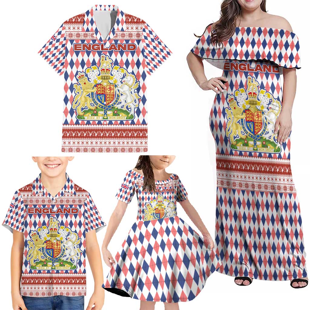 England Christmas Family Matching Off Shoulder Maxi Dress and Hawaiian Shirt with Red Blue White Diamond Pattern Santa and Coat of Arms - Wonder Print Shop