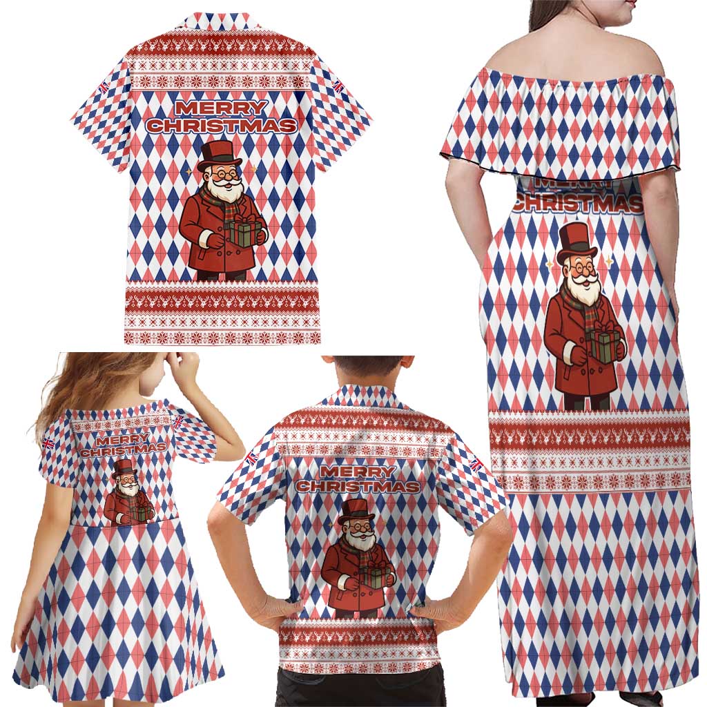 England Christmas Family Matching Off Shoulder Maxi Dress and Hawaiian Shirt with Red Blue White Diamond Pattern Santa and Coat of Arms - Wonder Print Shop