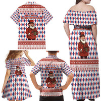 England Christmas Family Matching Off Shoulder Maxi Dress and Hawaiian Shirt with Red Blue White Diamond Pattern Santa and Coat of Arms - Wonder Print Shop