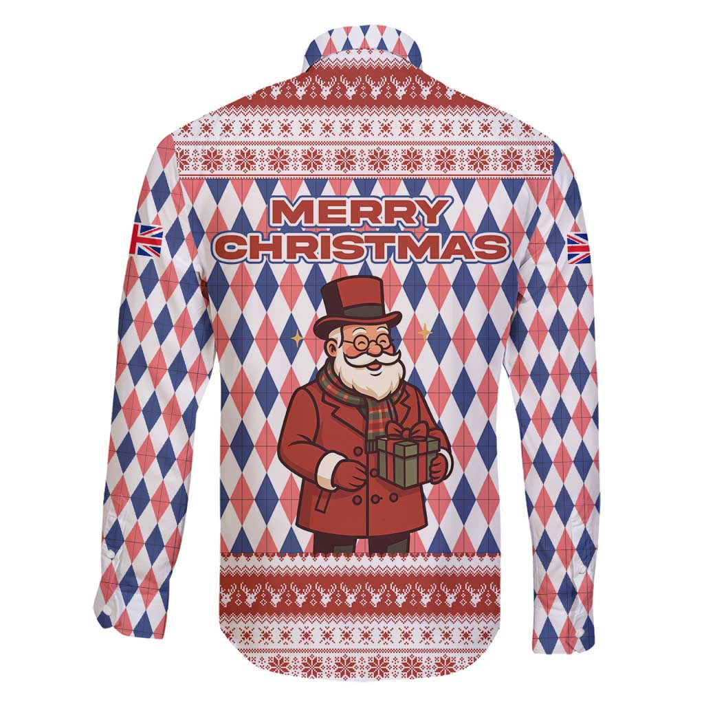 England Christmas Family Matching Off Shoulder Maxi Dress and Hawaiian Shirt with Red Blue White Diamond Pattern Santa and Coat of Arms - Wonder Print Shop