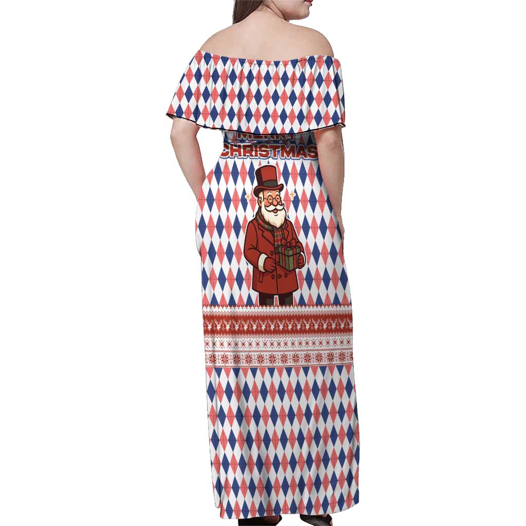 England Christmas Family Matching Off Shoulder Maxi Dress and Hawaiian Shirt with Red Blue White Diamond Pattern Santa and Coat of Arms - Wonder Print Shop