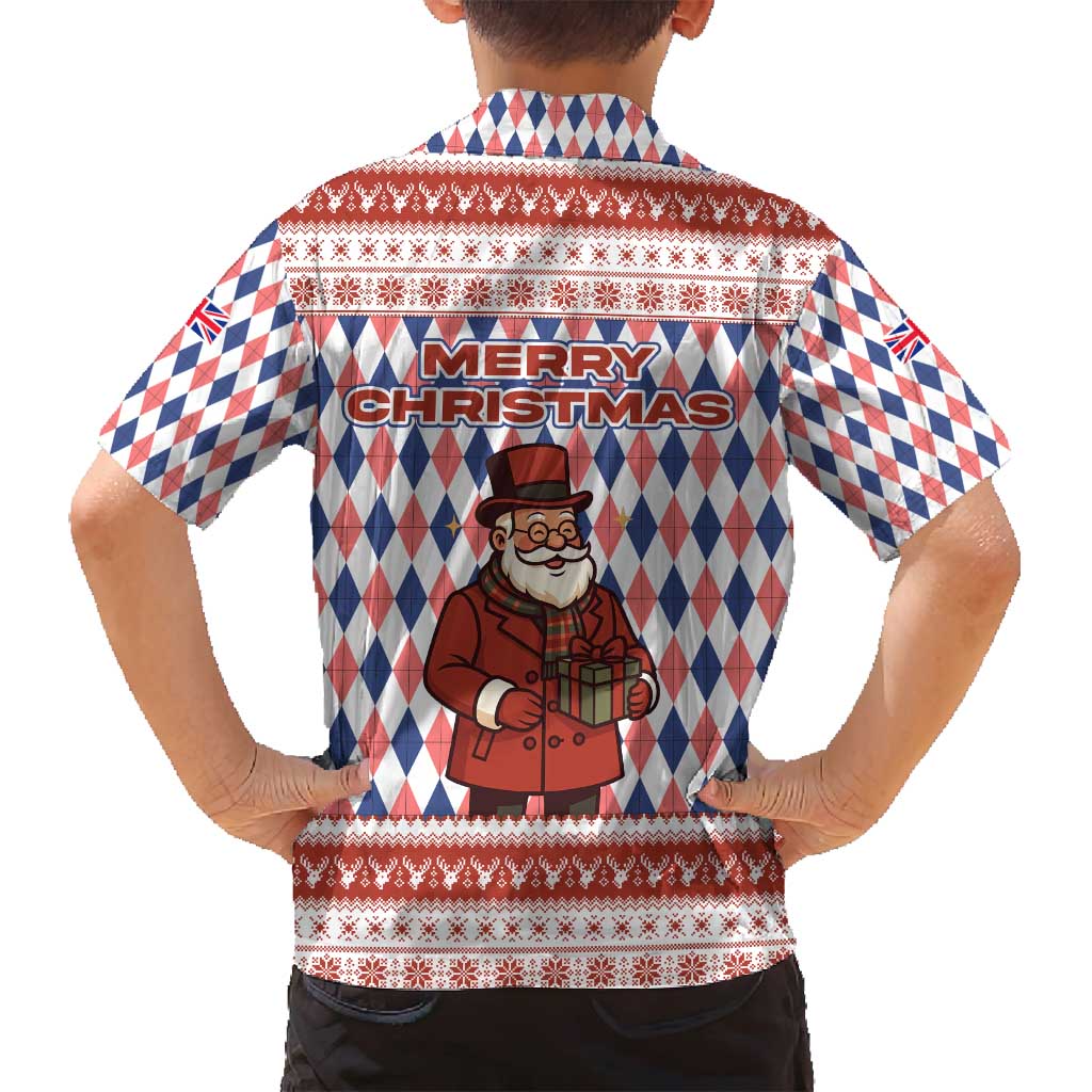 England Christmas Family Matching Off Shoulder Short Dress and Hawaiian Shirt with Red Blue White Diamond Pattern Santa and Coat of Arms - Wonder Print Shop
