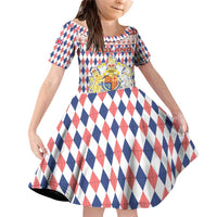 England Christmas Family Matching Off Shoulder Short Dress and Hawaiian Shirt with Red Blue White Diamond Pattern Santa and Coat of Arms - Wonder Print Shop
