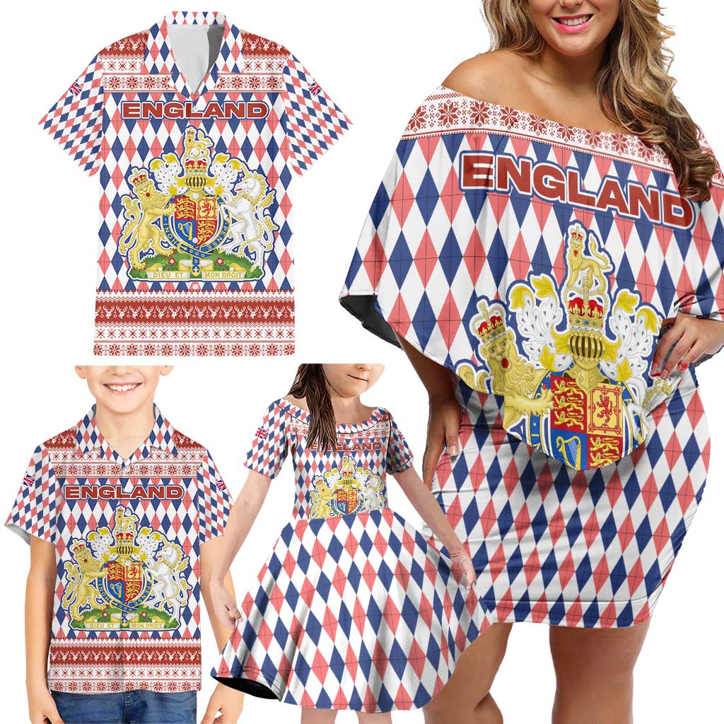 England Christmas Family Matching Off Shoulder Short Dress and Hawaiian Shirt with Red Blue White Diamond Pattern Santa and Coat of Arms - Wonder Print Shop