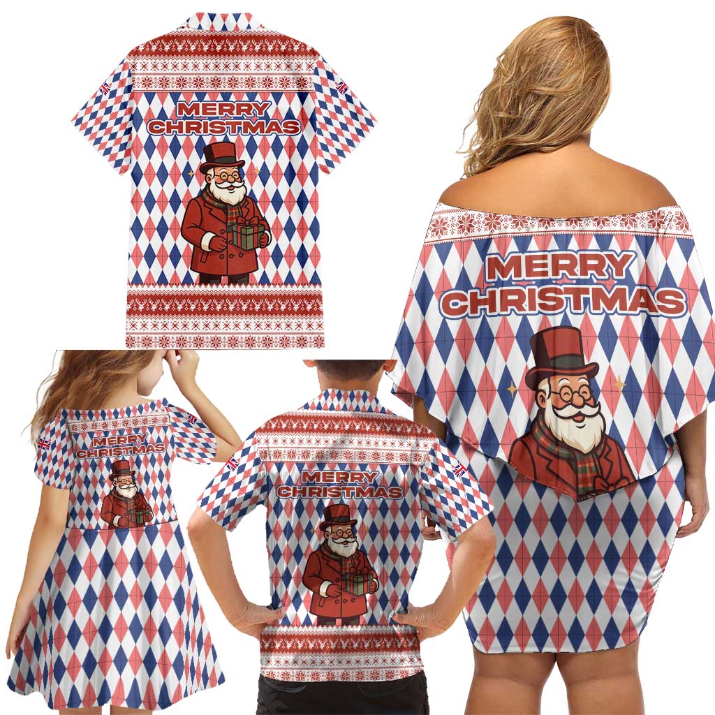 England Christmas Family Matching Off Shoulder Short Dress and Hawaiian Shirt with Red Blue White Diamond Pattern Santa and Coat of Arms - Wonder Print Shop