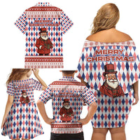 England Christmas Family Matching Off Shoulder Short Dress and Hawaiian Shirt with Red Blue White Diamond Pattern Santa and Coat of Arms - Wonder Print Shop