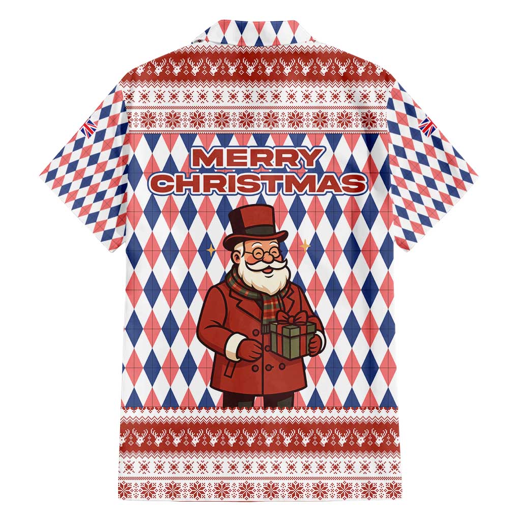 England Christmas Family Matching Off Shoulder Short Dress and Hawaiian Shirt with Red Blue White Diamond Pattern Santa and Coat of Arms - Wonder Print Shop